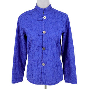 Chicos Jacket 0 Womens 4 Small Blue Textured Buttons Mandarin Collar Kimono